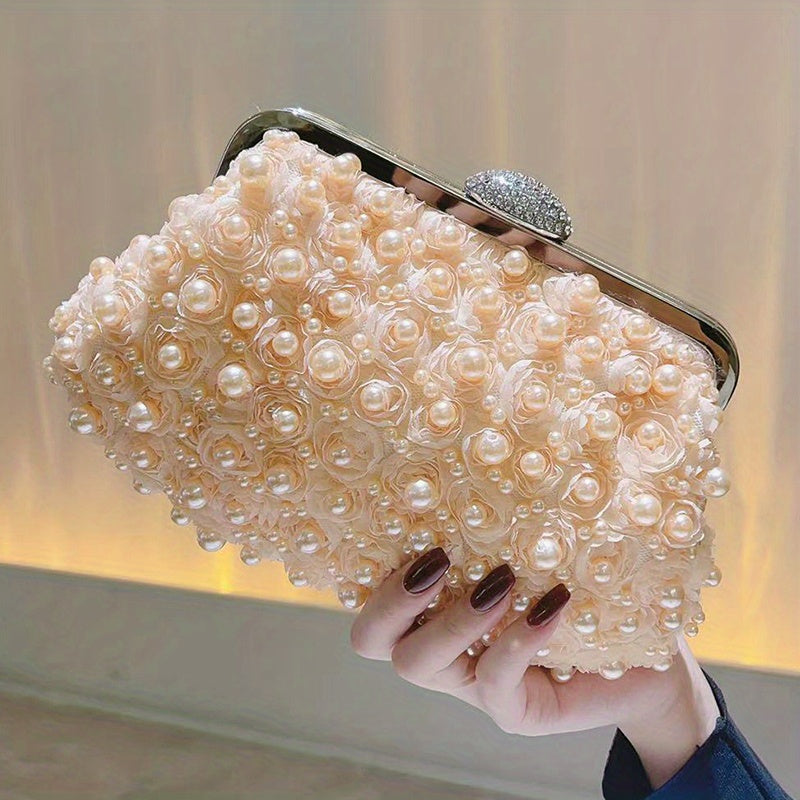 Luxurious Faux Pearl Evening Clutch Bag - 3D Flower Embellished, Top Ring Design, Wedding Bridal Prom Banquet Purse with Elegant Look and Compact Size