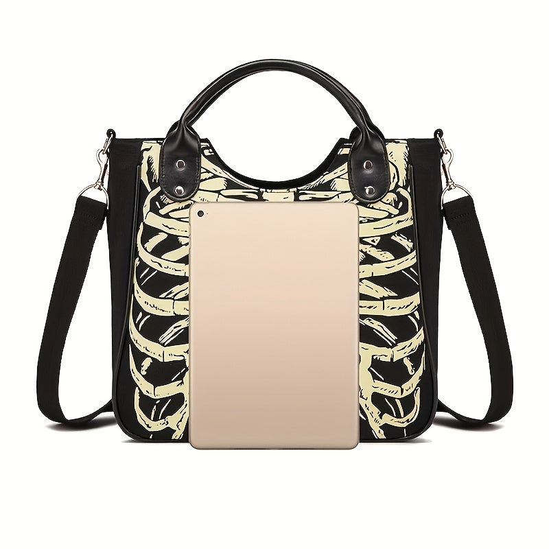 Goth Grunge Skeleton Durable Crossbody Bag, Rib Pattern Canvas Large Capacity Trendy Handbag, Halloween Portable Double Handle Tote Bag