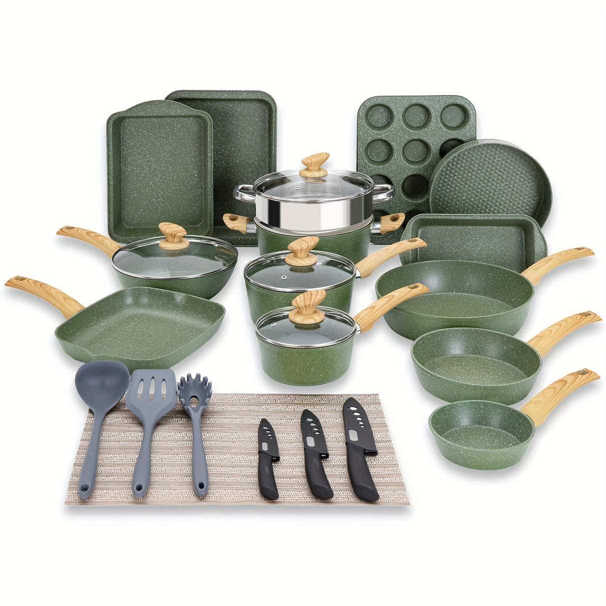 Mix Patio Pots And Pans Set Nonstick, 12/17/30 Pieces Induction Kitchen Cookware Set, Granite Coating Cooking Pans Set (Black, Green)