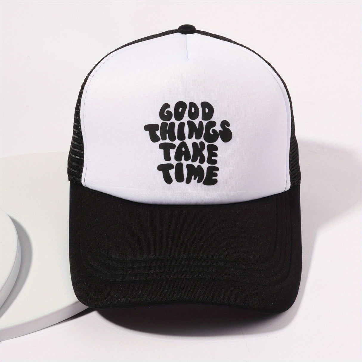 Printed Mesh Trucker Hat Good Things Take Time Color Block Baseball Cap Unisex Simple Breathable Dad Hats For Women Men
