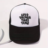 Printed Mesh Trucker Hat Good Things Take Time Color Block Baseball Cap Unisex Simple Breathable Dad Hats For Women Men