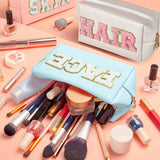 1/3pcs CHENILLE Preppy Makeup Bag for Women Travel Toiletry Bag Chenille Letter Cosmetic Bag PU Leather Waterproof Pouch Cute Zipper Organizer, Skin, Hair and Face