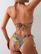 2 Piece Set Triangle Halter Tie Strap Bikini Swimsuit With Shoulder Strap Allover Printed Retro Bohemian Style Swimsuit For Women