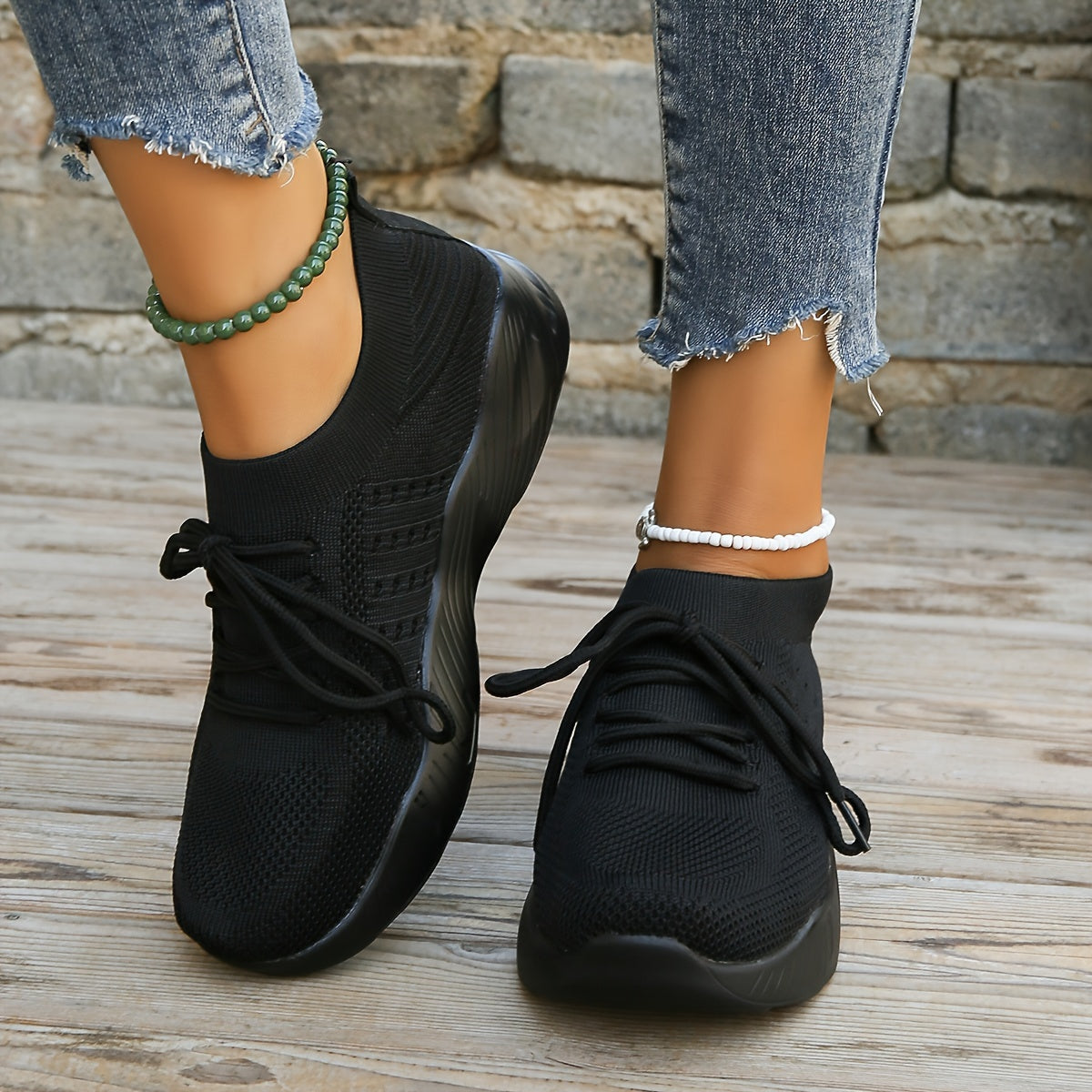 Women's Knit Sports Shoes, Solid Color Lace Up Low Top Running Shoes, Casual Outdoor Sneakers
