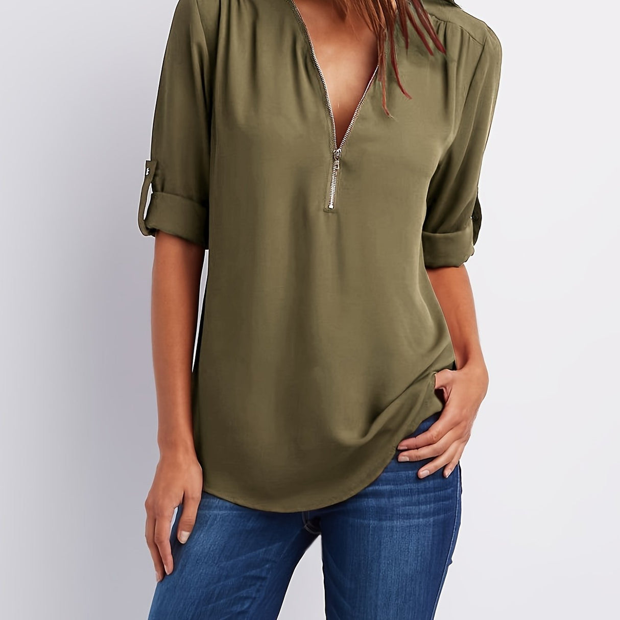 Solid V Neck Blouse, Casual Ruched Rollable Sleeve Half Zip Blouse, Women's Clothing