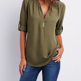 Solid V Neck Blouse, Casual Ruched Rollable Sleeve Half Zip Blouse, Women's Clothing
