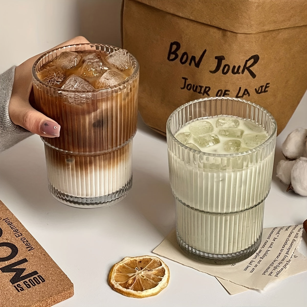 1pc Ribbed Glass Tumbler With Lid And Straw, Origami Style Drinking Glass, Iced Coffee Cups, Summer Winter Drinkware, Travel Accessories