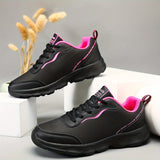 Women's Black Non-slip Sneakers, Casual Lace Up Faux Leather Running Shoes, Lightweight Outdoor Jogging Shoes