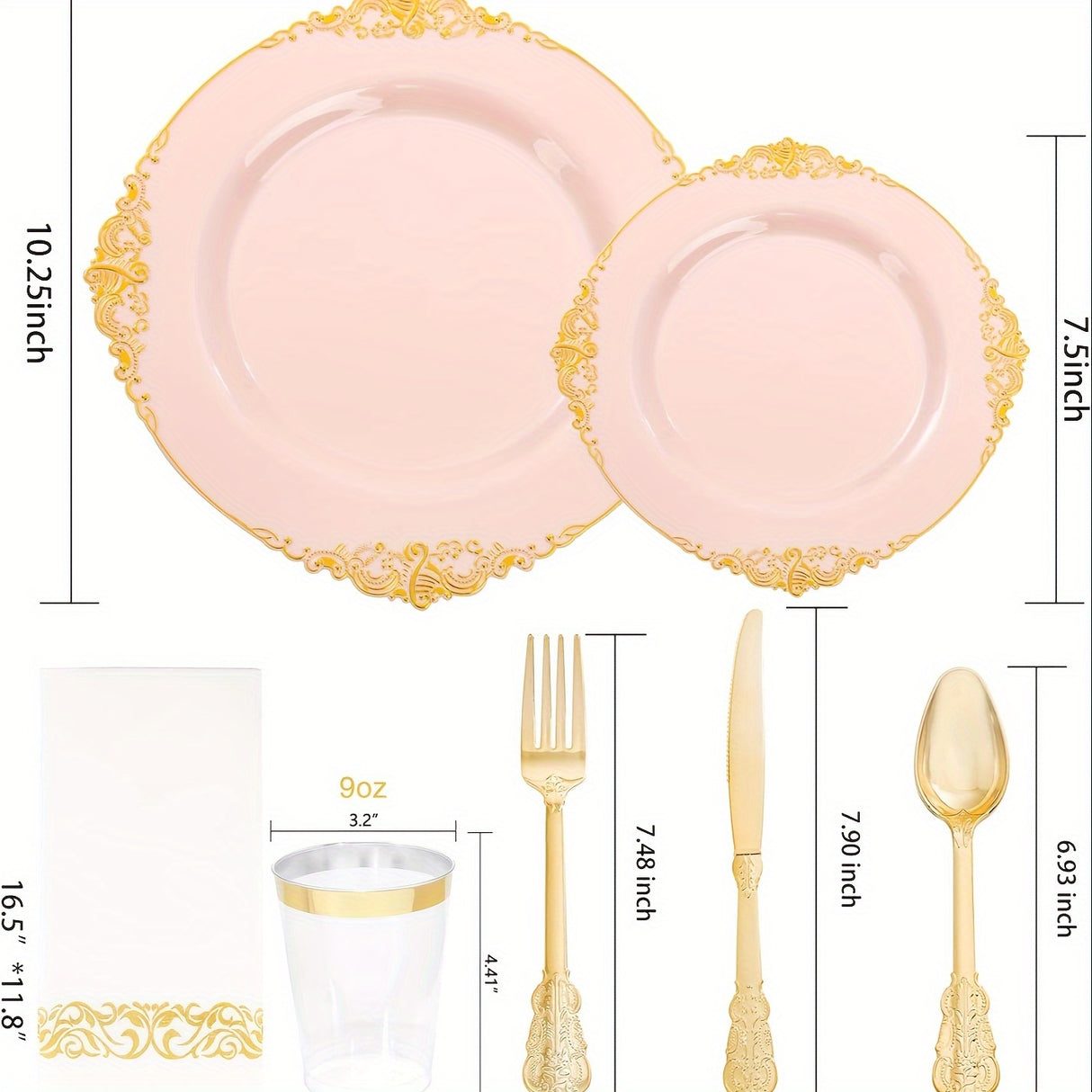350PCS Pink and Golden Plastic Plates - Pink Plastic Dinnerware Sets for 50 Guests - 100 Pink Disposable Plates, 150 Golden Plastic Silverware, 50 Cups, 50 Napkins for Wedding & Mother's Day