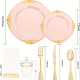 350PCS Pink and Golden Plastic Plates - Pink Plastic Dinnerware Sets for 50 Guests - 100 Pink Disposable Plates, 150 Golden Plastic Silverware, 50 Cups, 50 Napkins for Wedding & Mother's Day