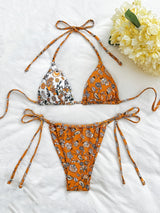 New European And American Floral Tie Bikini Two-piece Set Sexy Split Swimsuit For Women Beach Vacation Swimsuit For Women