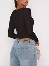 Women's Slim Fit Crop Tops Long Sleeve Square Neck Solid Color T-Shirt Dressy Blouses