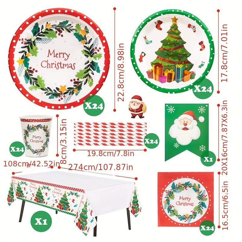 122pcs Disposable Christmas Theme Tableware, Christmas Party Decoration With Paper Plates, Napkins, Paper Cups, Straws, Tablecloths And Flags, Xmas Holiday Theme Tableware Supplies& Decoration (Mistletoe Pattern, For 24 Peopl
