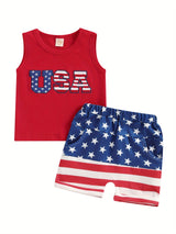 4th of July Toddler Boys Outfits Fuzzy Letter Embroidered Tank Tops and Stripe Stars Print Shorts 2pcs Clothes Set, Perfect for Outdoor
