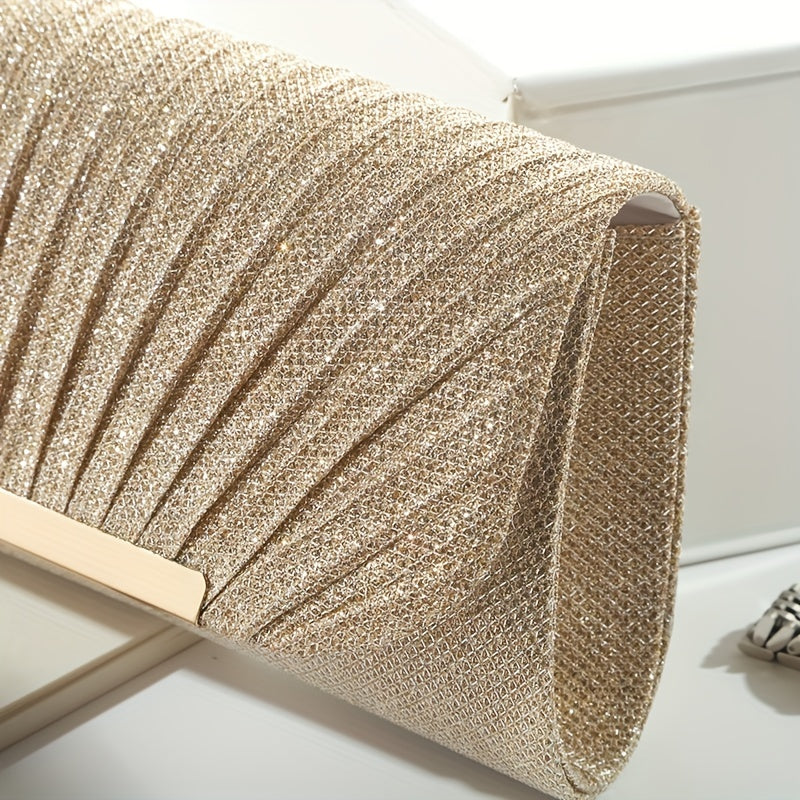 Glamorous Ruched Metal Decor Clutch Handbag - Sparkling Prom Purse with Adjustable Chain - Perfect Evening Bag for Weddings and Parties