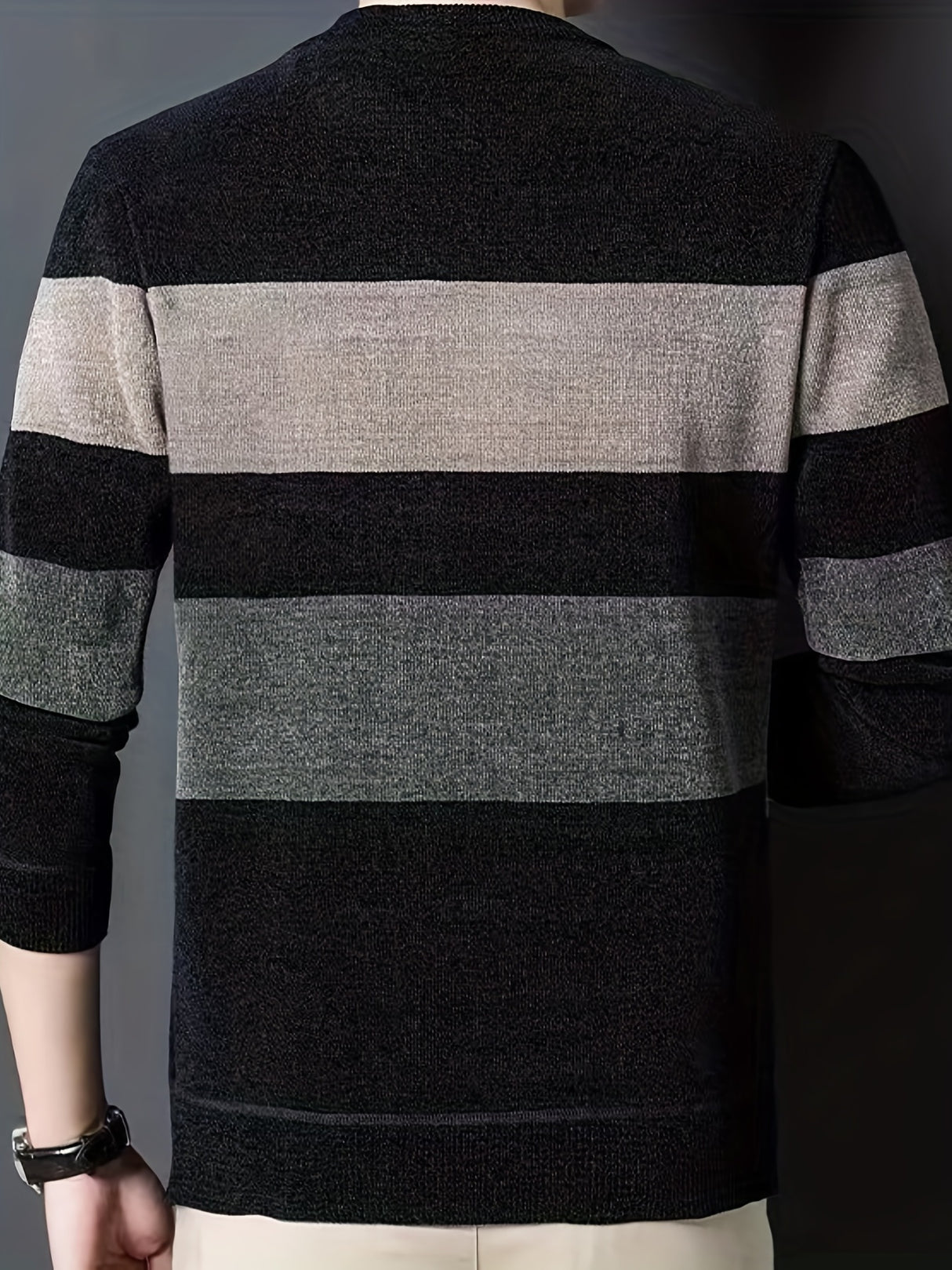 Color Block Knitted Sweater, Men's Casual Warm Mid Stretch Crew Neck Pullover Sweater For Men Fall Winter