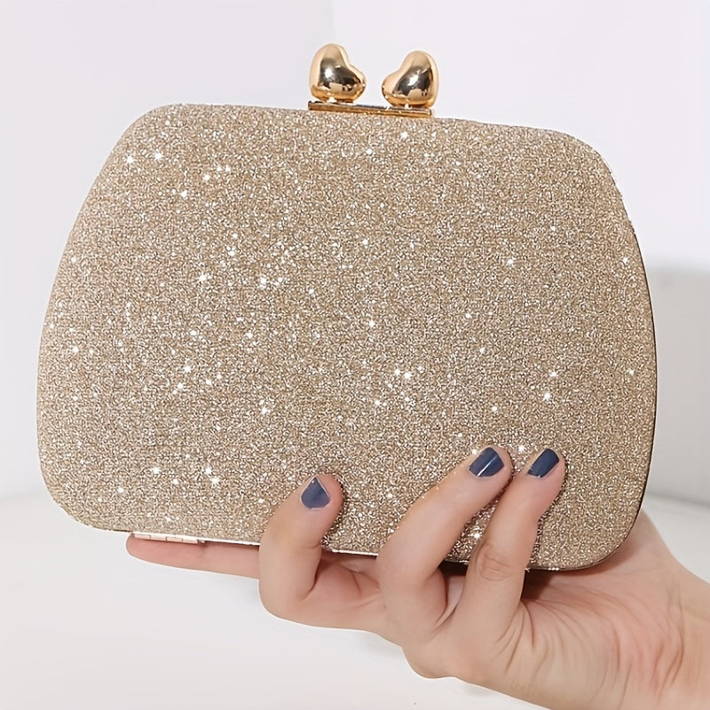 Shimmering Heart Glam Clutch Bag - Studded Chain & Metal Detail - Versatile Evening Wear for Banquets & Parties - Durable PU Material