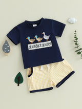 Toddler Boys Summer Outfits Letter Duck Embroidery Round Neck Short Sleeve T-Shirts Plaid Elastic Waist Shorts 2pcs Clothes Set, for Outdoor