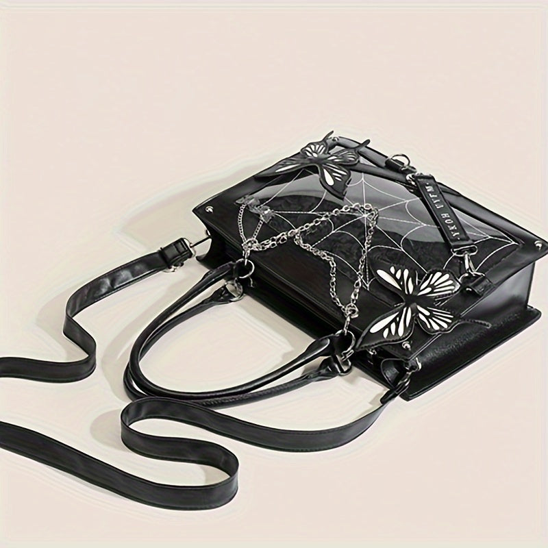 Vibrant Punk Style Spider Web Tote Bag - Trendy Goth Handbag for Women - Crossbody Bag with Y2K Butterfly Chain and Adjustable Strap