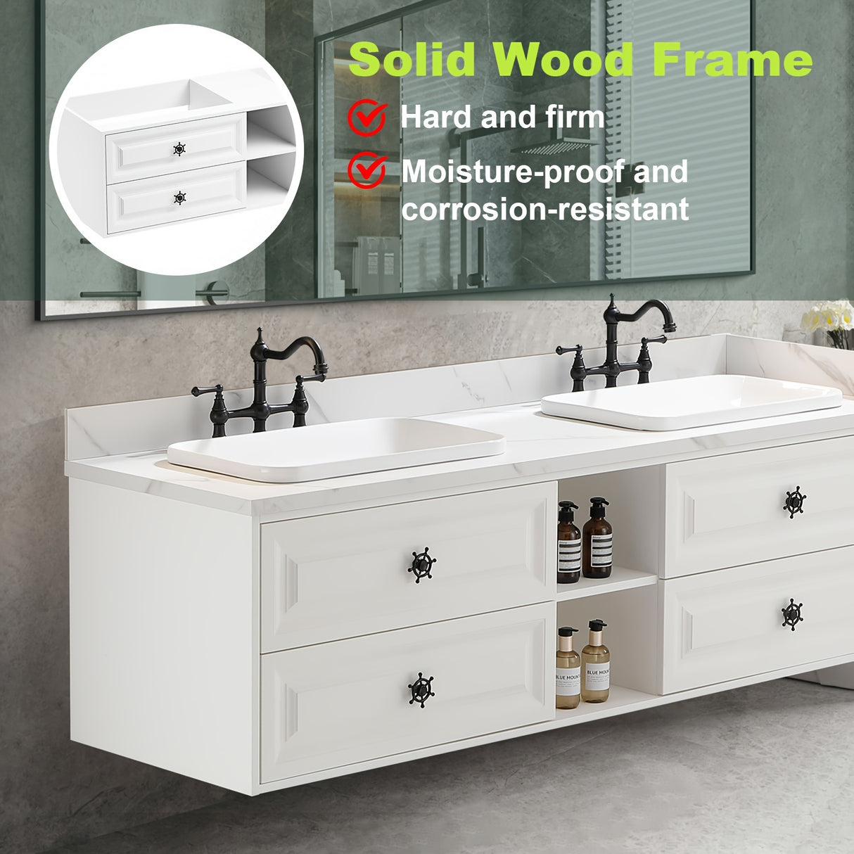 72×23×21inch Wall Hung Wood Frame Doulble Sink Bath Vanity Cabinet Only In Bathroom Vanities Without Tops With Roomy Storage Compartments For Holding Bathroom Essentials