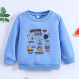 1pc Toddler Boys' Casual Long Sleeve "Armor of God" Print Pullover Sweatshirt, Polyester Knit Cartoon Pattern, Round Neck, Elastic Fabric, Loose Fit for Spring/Autumn