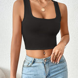 Chic Square Neck Crop Top for Women - Versatile, Medium Stretch, Non-Sheer Casual Wear, Perfect Year-Round Fashion