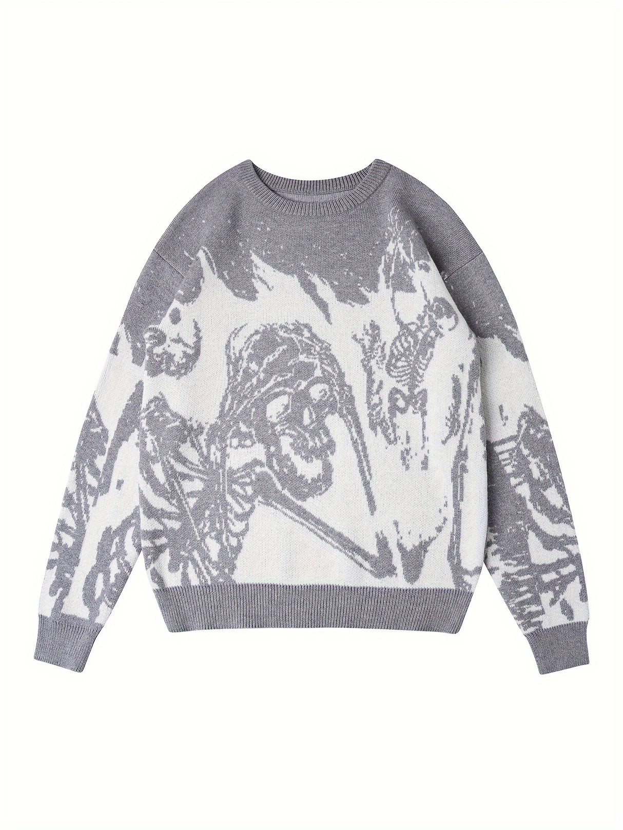 Y2K Long Sleeve Sweater, Loose Casual Sweater Skull Pattern Knitted Sweater, Men's Warm Slightly Stretch Crew Neck Pullover Sweater For Men Fall Winter