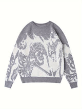 Y2K Long Sleeve Sweater, Loose Casual Sweater Skull Pattern Knitted Sweater, Men's Warm Slightly Stretch Crew Neck Pullover Sweater For Men Fall Winter