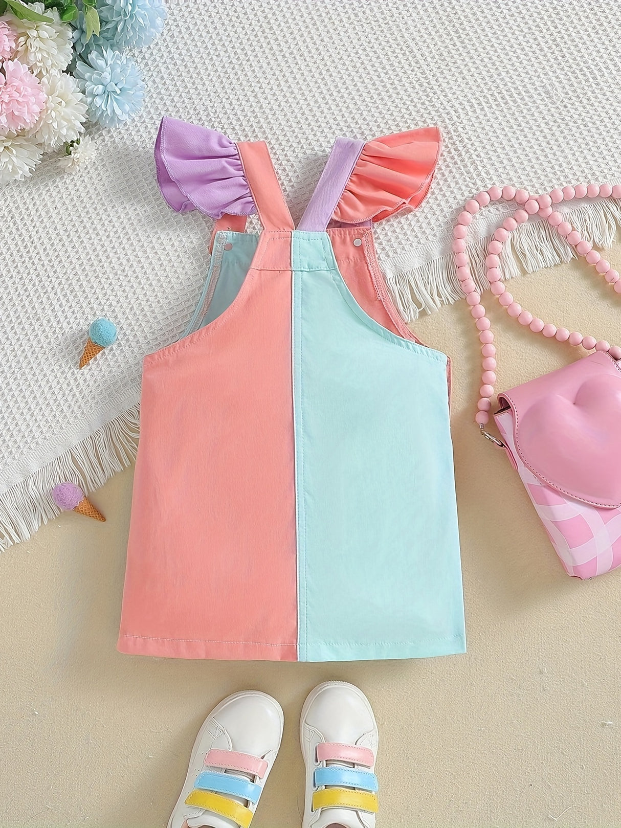 Vibrant Color Block Overall Dress for Little Girls - Soft Cotton, Slight Stretch, Frill Straps, Versatile & Chic Suspender Design, Machine Washable, Perfect Birthday Gift for Summer Casual Wear