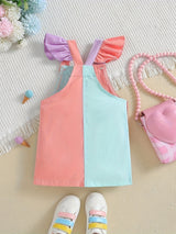 Vibrant Color Block Overall Dress for Little Girls - Soft Cotton, Slight Stretch, Frill Straps, Versatile & Chic Suspender Design, Machine Washable, Perfect Birthday Gift for Summer Casual Wear