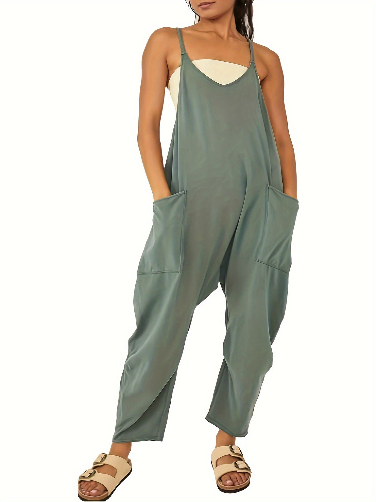 Women's Sleeveless Maternity Jumpsuits Casual Spaghetti Strap Overalls Long Harem Pants Romper with Pockets