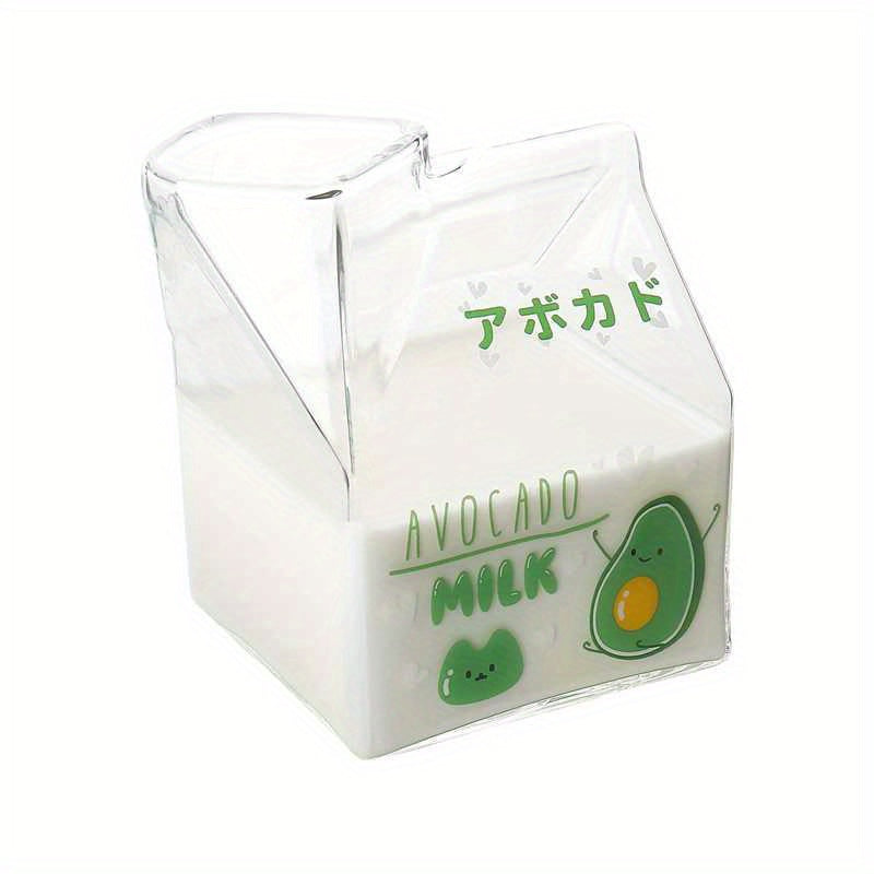 1pc Adorable Kawaii Glass Milk Carton Mug - 12 Oz Microwave Safe, Reusable, BPA-Free, Square-Shaped, Recyclable, Multipurpose Cup with Strawberry, Peach, Avocado, and Banana Print for Breakfast and Coffee