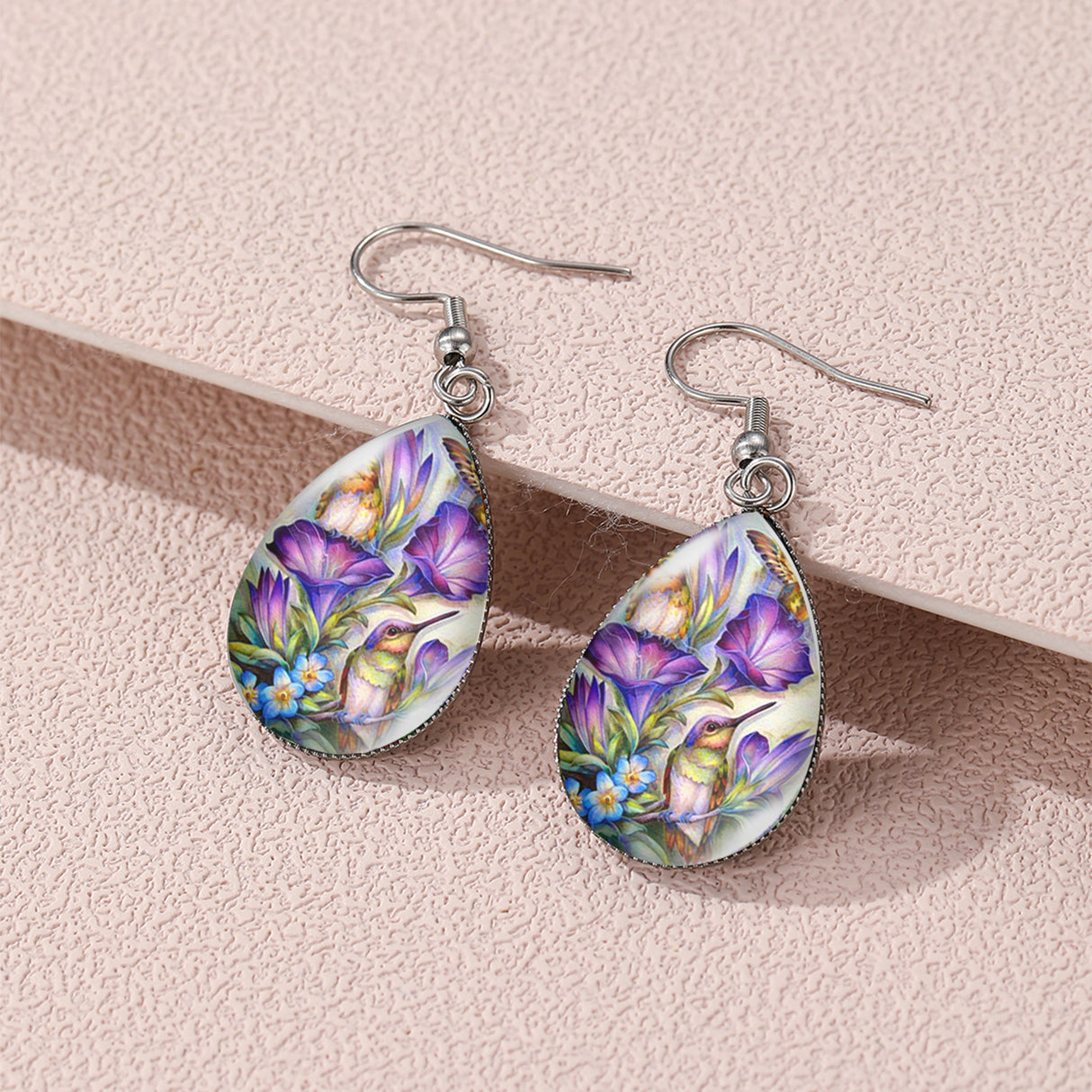 Elegant Sunflower & Hummingbird Water Drop Earrings - Stainless Steel Posts, Glass Material, Perfect for Casual Attire, Pair, Elegant Style