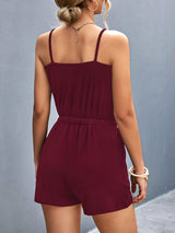 Women's Black Sleeveless Romper with Golden Chain Detail - Casual V-Neck Jumpsuit with Adjustable Drawstring Waist and Ring Accents, Perfect for Spring/Summer, Ladies Rompers And Jumpsuits