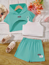 Girl's Stylish 3pcs, Hooded T-shirt & Camisole & Shorts Set, CALIFORNIA Patched Short Sleeve Top, Casual Outfits, Kids Clothes For Summer