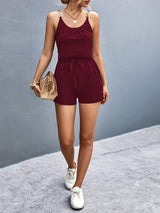 Women's Black Sleeveless Romper with Golden Chain Detail - Casual V-Neck Jumpsuit with Adjustable Drawstring Waist and Ring Accents, Perfect for Spring/Summer, Ladies Rompers And Jumpsuits