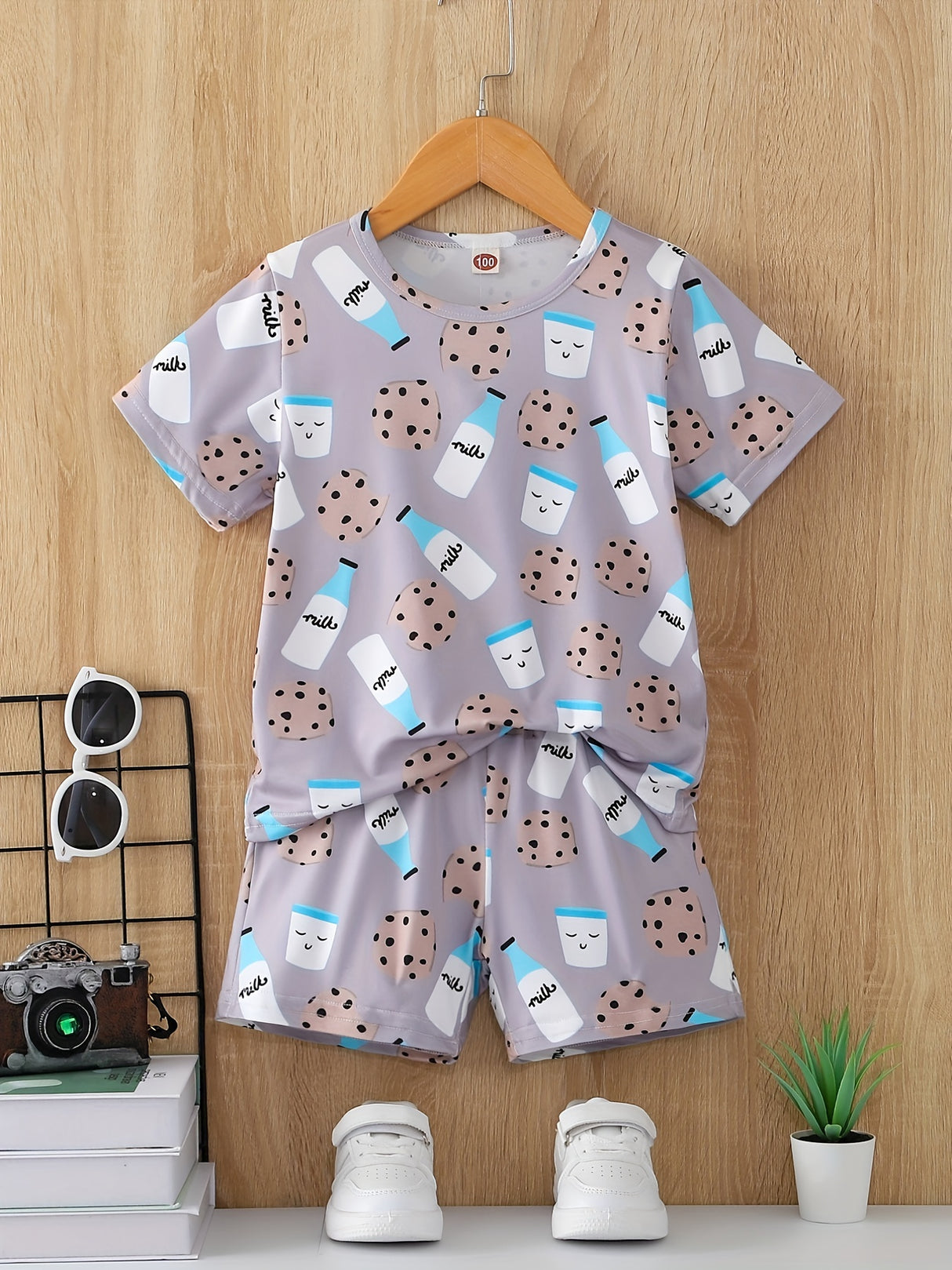 Boys Cartoon Biscuit And Milk Outfit Shorts & T-shirt Short Sleeves Crew Neck Casual Summer Kids Clothes