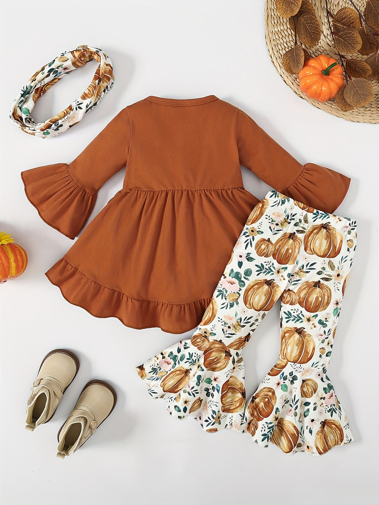 Girls 3pcs Ruffle Top & Elastic Waist Flared Pants & Scarf Set BOO Ghost Print Long Sleeve Pullover Top Halloween Style Casual Kids Clothes Spring Fall
