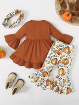 Girls 3pcs Ruffle Top & Elastic Waist Flared Pants & Scarf Set BOO Ghost Print Long Sleeve Pullover Top Halloween Style Casual Kids Clothes Spring Fall