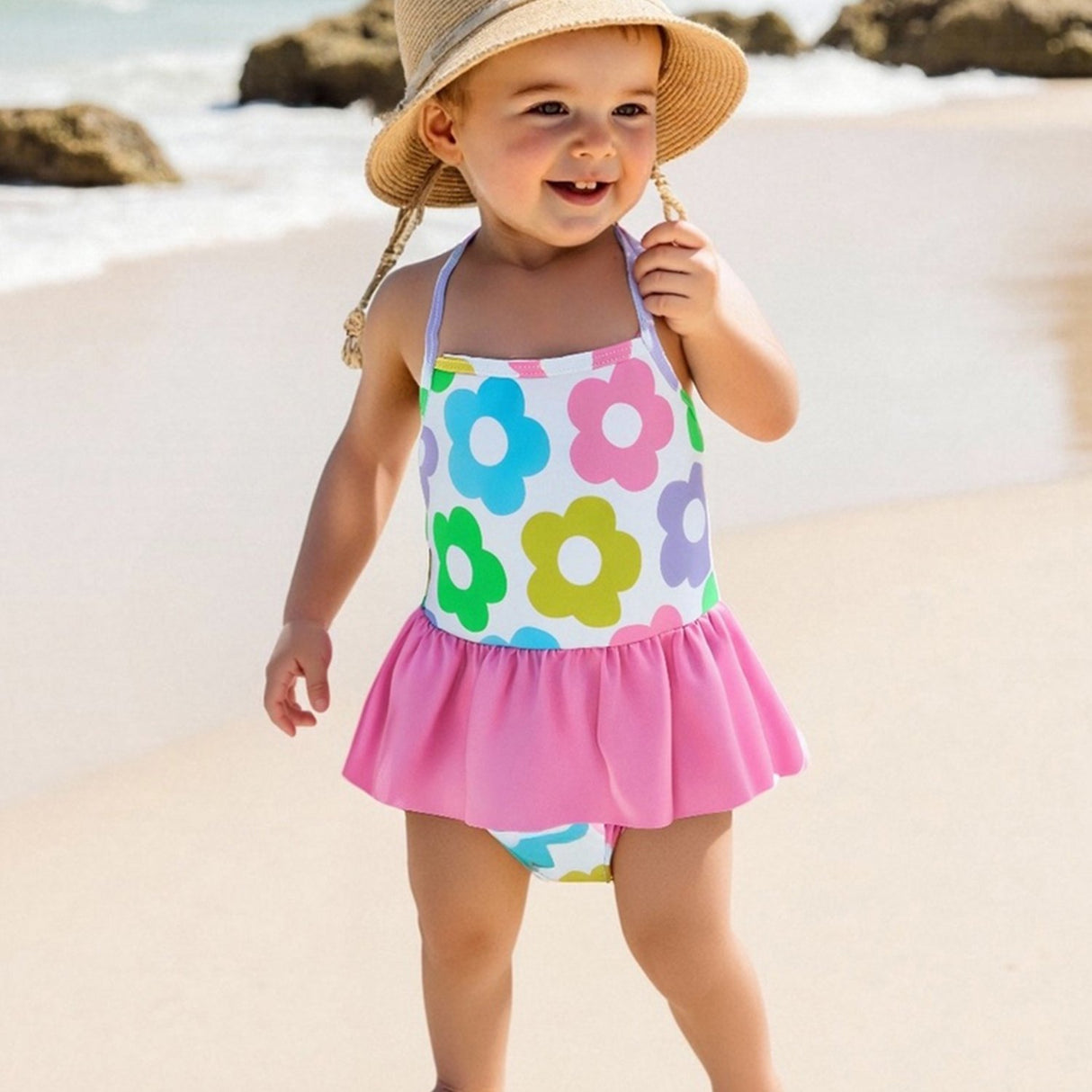 Toddler & Little Girls' Floral Print Swimsuit with Cross Straps, Sleeveless Ruffled Shoulders & Flared Skirt - Quick-Dry Beach & Pool Swimwear, Machine Washable Cute Bathing Suit, Coastal Outfit | Playful Design | Quickdry Ma
