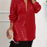 Plus Size Glamour - Sequined, Long Sleeve, Turn Down Collar, Button Up Shirt Dress for Women - Perfect for Party, Evening, and Formal Occasions