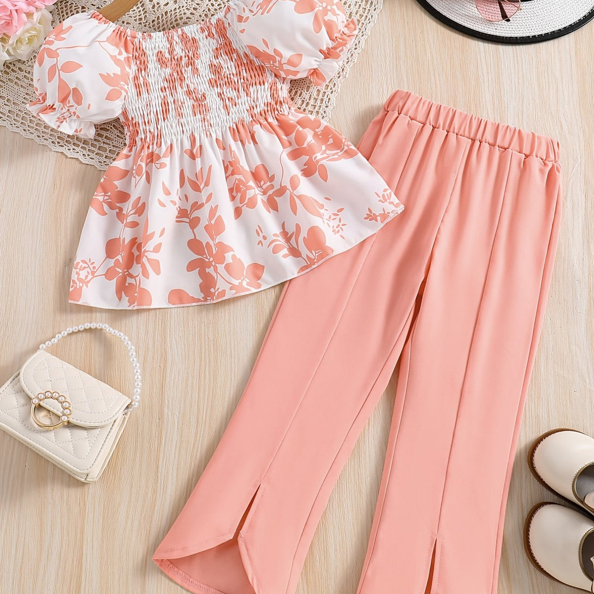 Girls 2pcs Shirred Shirt & Elastic Waist Flared Pants Set Floral Print Short Puff Sleeve Top Elegant Kids Clothes Summer