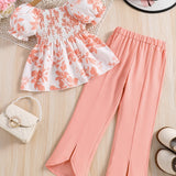 Girls 2pcs Shirred Shirt & Elastic Waist Flared Pants Set Floral Print Short Puff Sleeve Top Elegant Kids Clothes Summer