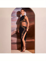 Chic Fashion] Stylish Sleeveless Maxi Dress with Golden Snake Motif, Side Slit & Cut-Out Details – Sexy Solid Color Black Polyester Dress for Women, Perfect for Spring/Summer Fashion, Chic Outfit | Glamorous Attire | Elegan