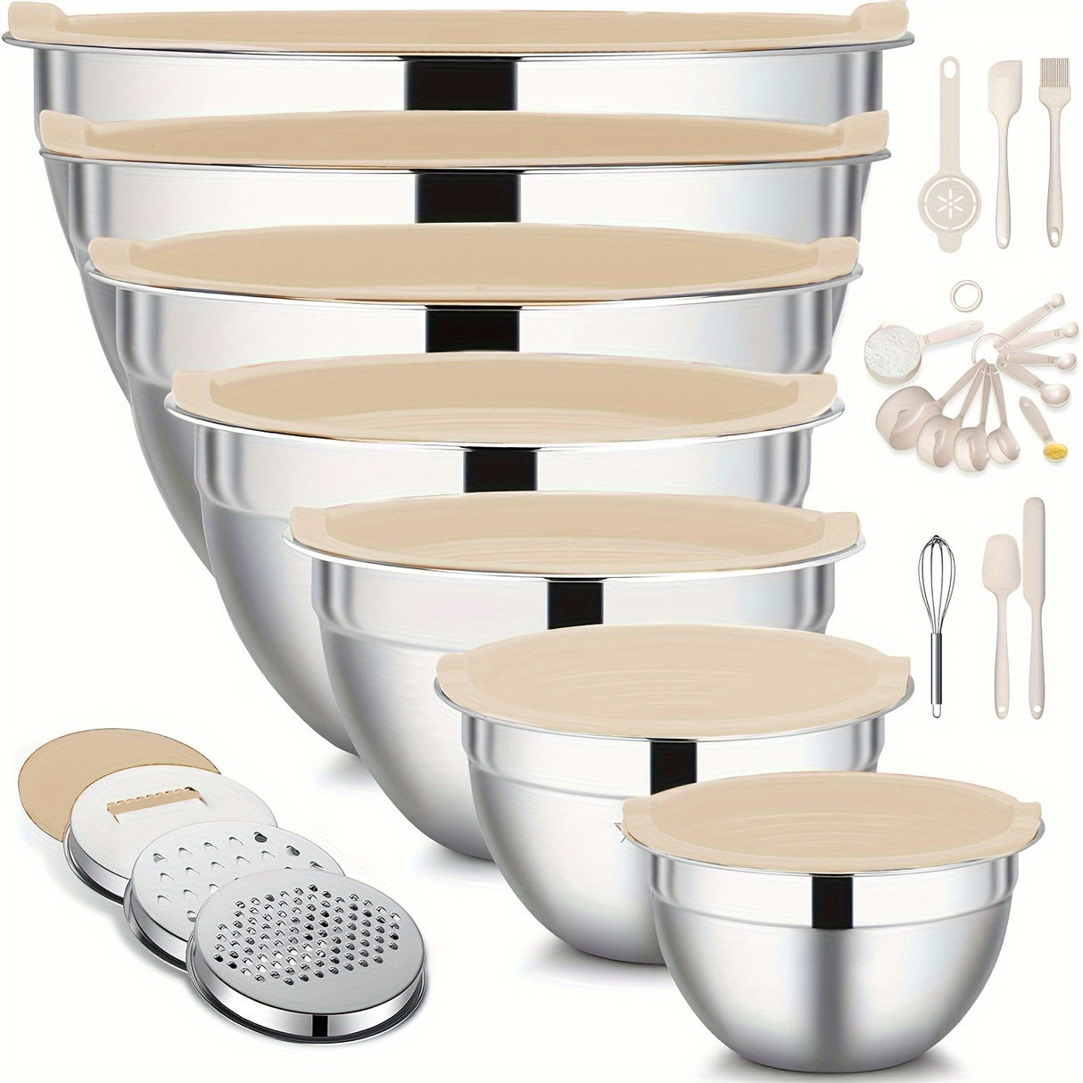 Mixing Bowls With Airtight Lids Set, 26PCS Stainless Steel Bowls With Grater Attachments, Non-Slip Bottoms & Kitchen Gadgets Set
