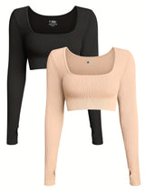 OQQ Women's 2 Piece Crop Top Ribbed Seamless Workout Exercise Long Sleeve Crop Tops