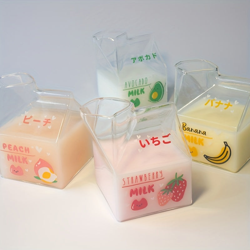 1pc Adorable Kawaii Glass Milk Carton Mug - 12 Oz Microwave Safe, Reusable, BPA-Free, Square-Shaped, Recyclable, Multipurpose Cup with Strawberry, Peach, Avocado, and Banana Print for Breakfast and Coffee