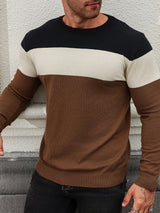 All Match Knitted Color Block Sweater, Men's Casual Warm High Stretch Crew Neck Pullover Sweater For Men Fall Winter