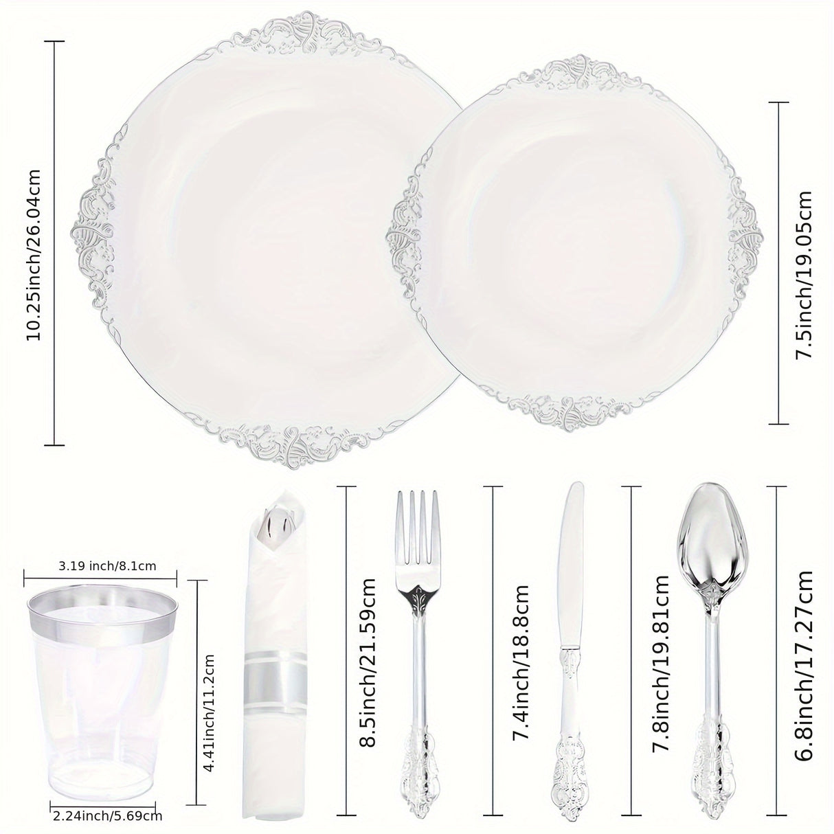 350PCS Silver Plastic Plates&Pre Rolled Napkins for 50 Guests, Plastic Dinerware Set 100 Silver Disposable Plates, 150 Silver Silverware, 50Cups and 50Napkins for Wedding&Party