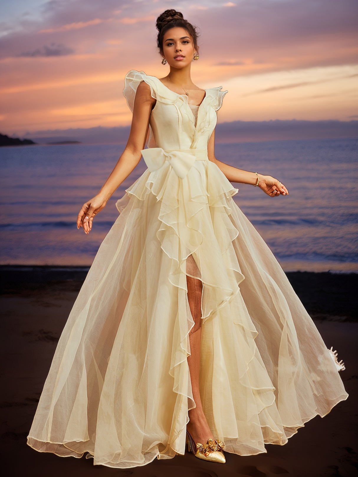 Elegant Off-Shoulder Ruffle Trim Gown with Bow Detail - Deep V-Neck, Backless Design, High Slit Mesh Evening Dress for Women, Perfect for Parties, Banquets, and Formal Events, Party Dress | Offshoulder Gown | Hemline Accent,